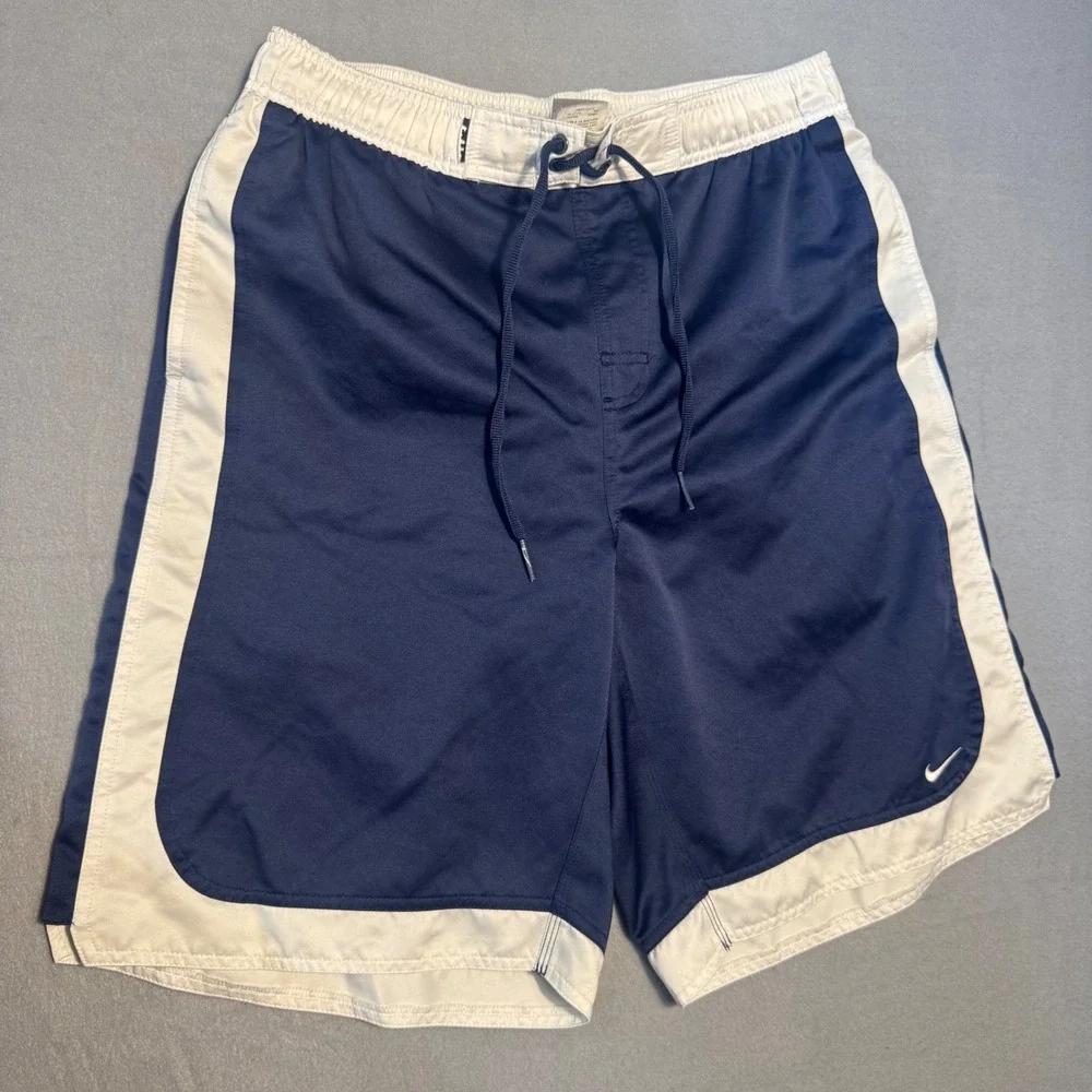 Nike Swim Trunks Mens Large Navy Blue White Colorblock Mesh Lined Board Shorts